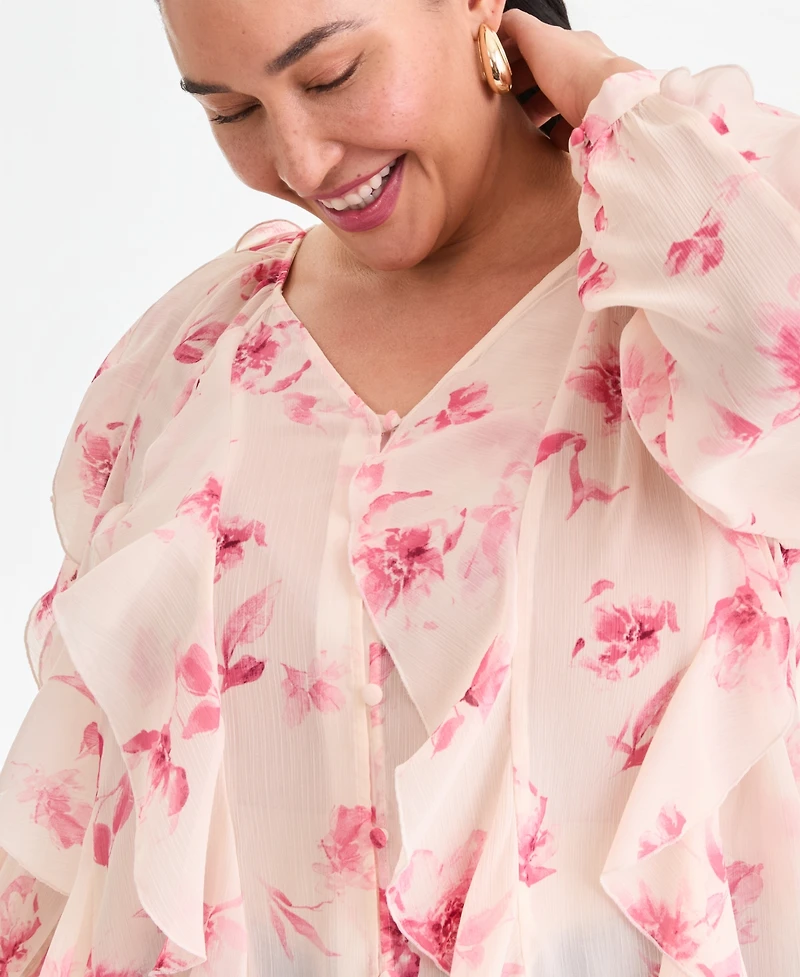 I.n.c. International Concepts Plus Printed V-Neck Ruffled Blouse, Created for Macy's
