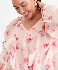 I.n.c. International Concepts Plus Printed V-Neck Ruffled Blouse, Created for Macy's