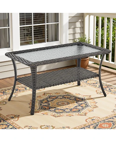 Gymojoy ArcLine Rectangle Wicker Outdoor Coffee Table with Tempered Glass Top and Storage Space