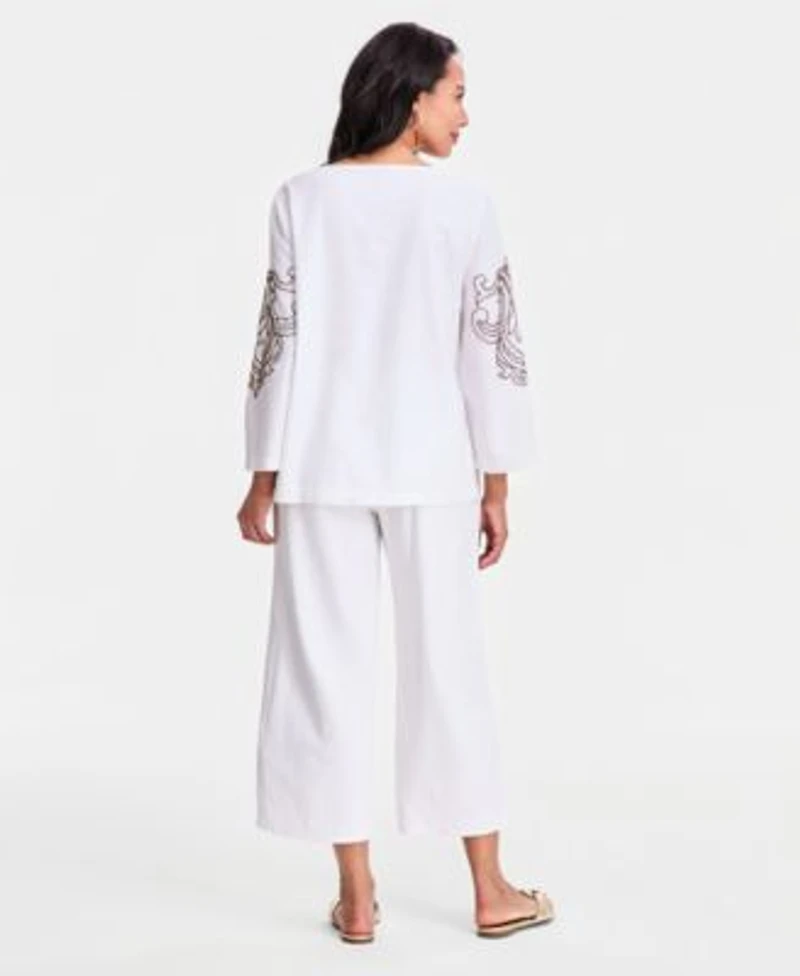 Jm Collection Womens Beaded Split Neck Top Cropped Drawstring Wide Leg Pants Macys Exclusive