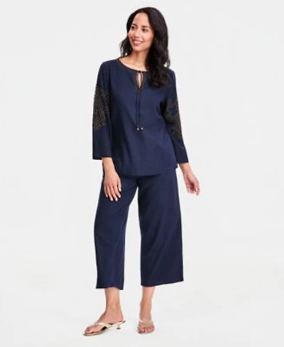 Jm Collection Womens Beaded Split Neck Top Cropped Drawstring Wide Leg Pants Macys Exclusive