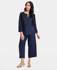 Jm Collection Womens Beaded Split Neck Top Cropped Drawstring Wide Leg Pants Macys Exclusive