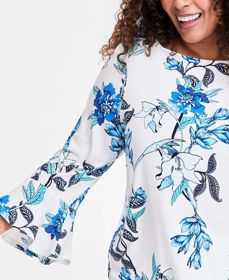 Jm Collection Plus Winding Leaves Flare Sleeve Boat Neck Top