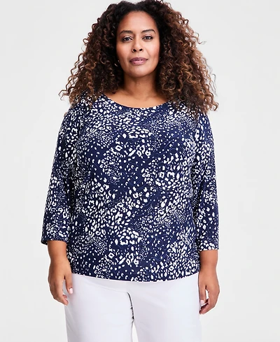 Jm Collection Plus Size Printed Jacquard 3/4-Sleeve Top, Macy's Exclusive