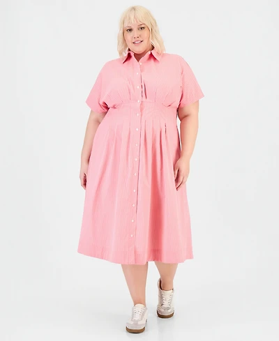 On 34th Trendy Plus Pinstriped Pleated-Waist Midi Shirtdress, Macy's Exclusive