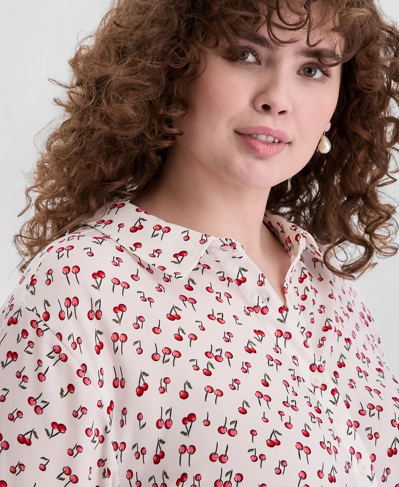 On 34th Trendy Plus Size Cherry Print Silky Shirt, Macy's Exclusive