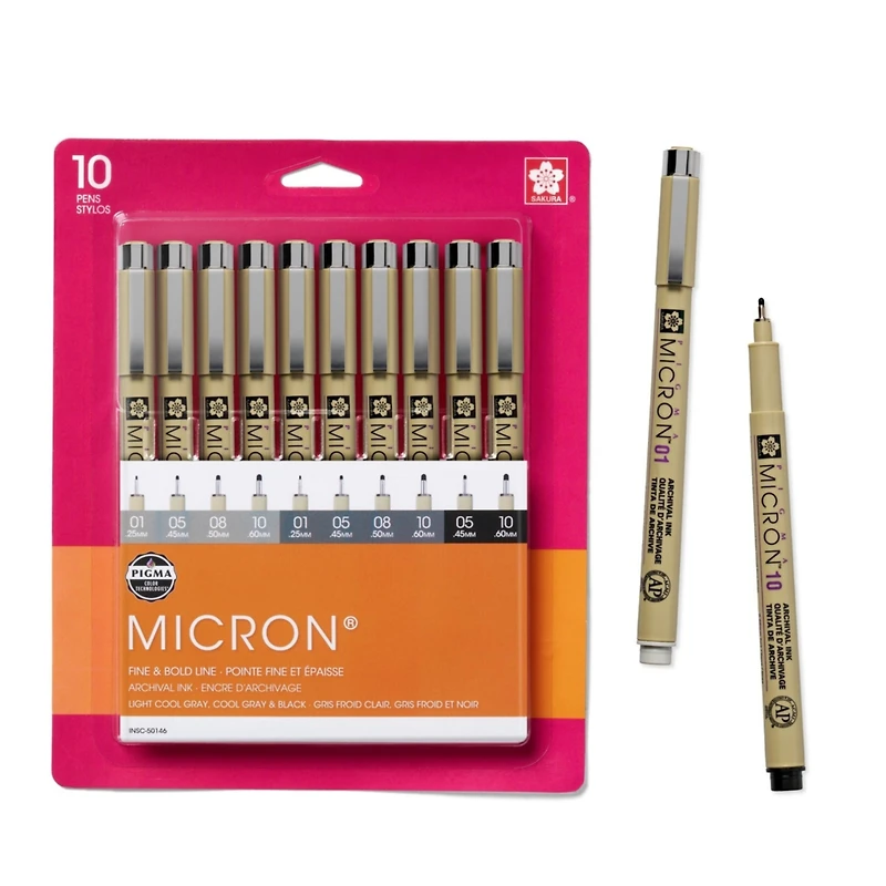 Sakura Pigma Micron Fineliner Pens, Archival Gray & Black Ink, Ass't Tip Sizes, 10 Pk