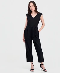Anne Klein Essentials Petite Belted V-Neck Jumpsuit