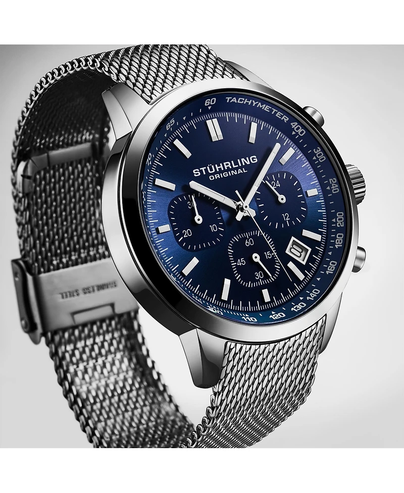 Stuhrling Chronoport 4082 Men s Quartz Chronograph Watch, 44mm Stainless Steel Mesh Bracelet