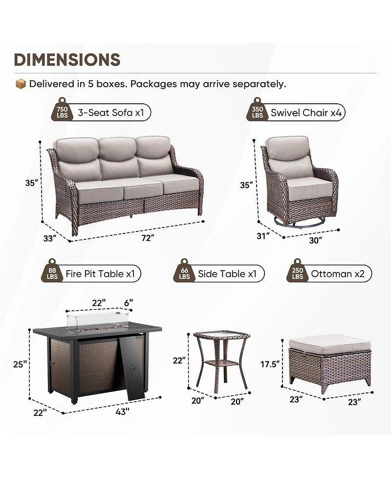 Gymojoy Crescent Brown Wicker Fire Pit Conversation Set with Olefin 6 In. Thick Cushions Patio Swivel Chairs (9-Piece)