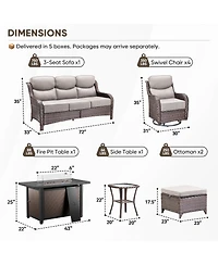 Gymojoy Crescent Brown Wicker Fire Pit Conversation Set with Olefin 6 In. Thick Cushions Patio Swivel Chairs (9-Piece)