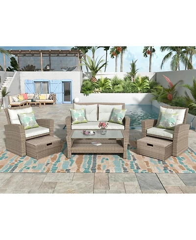 Flynama 4 Piece U Style All Weather Wicker Patio Conversation Set with Sectional Sofa Ottoman Cushions