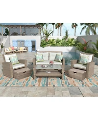 Flynama 4 Piece U Style All Weather Wicker Patio Conversation Set with Sectional Sofa Ottoman Cushions