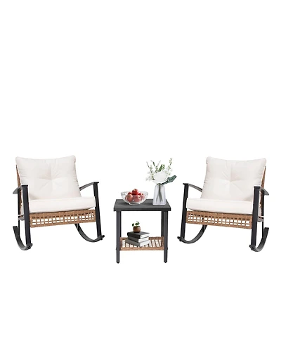 Decksplore Pulled rattan Rocking chair 3 piece Set Outdoor Patio Set Lounge Chairs Thick Cushions for Patio