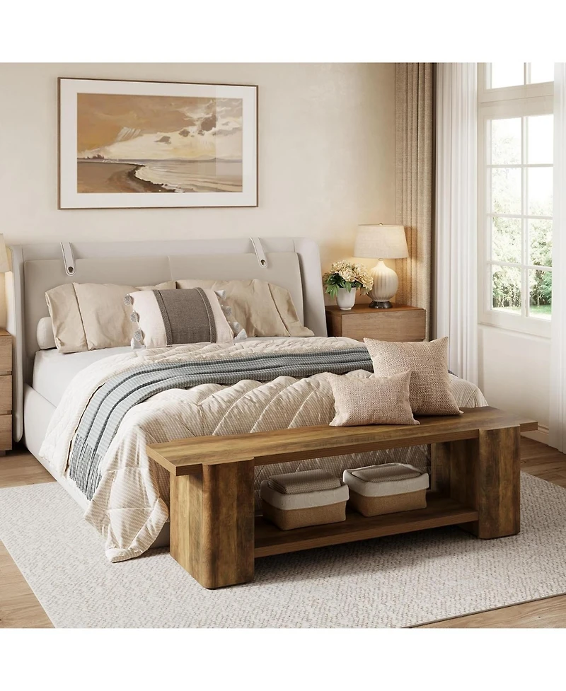 Tribesigns Wood Entryway Bench, 63" End of Bed Bench with Storage Shelf, Farmhouse Extra Long Shoe Bench