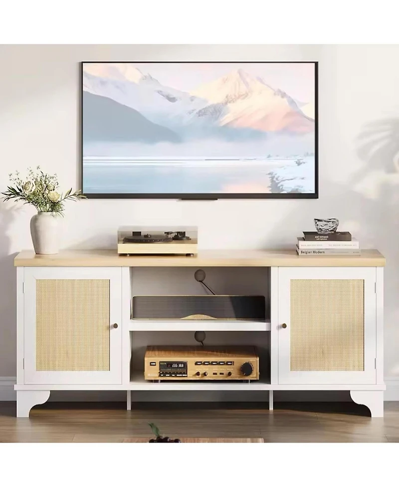 gaomon Rattan Tv Stand for 65 Tv, Boho Entertainment Center with Cabinets & Open Shelves