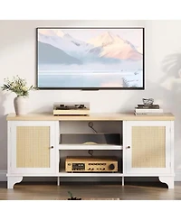gaomon Rattan Tv Stand for 65 Tv, Boho Entertainment Center with Cabinets & Open Shelves