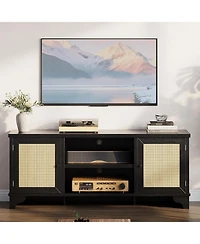 gaomon Rattan Tv Stand for 65 Tv, Boho Entertainment Center with Cabinets & Open Shelves