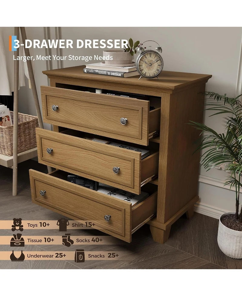 gaomon 3 Drawer Dresser, Wooden Storage Chest of Drawers with Exquisite Metal Handles, Small Cabinet, Modern Design Dresser