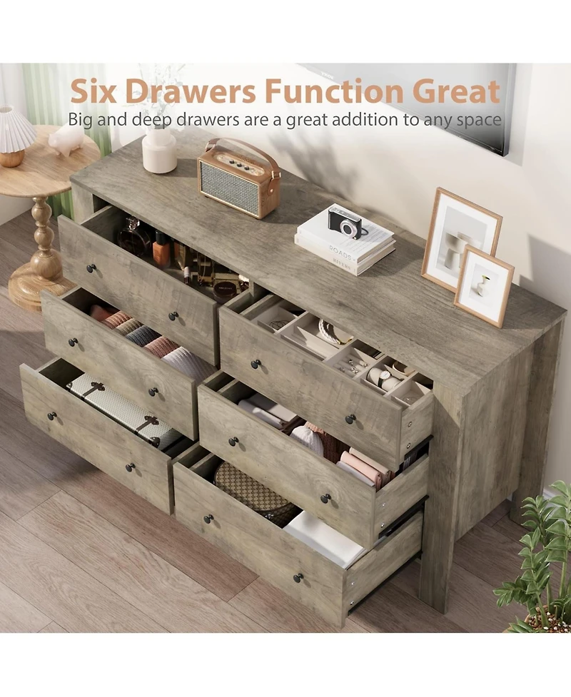 gaomon Oak 6 Drawer Dresser for Bedroom, Modern Wide Organizer with Storage Drawers, Entryway
