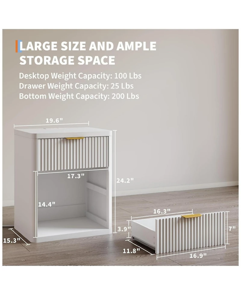gaomon Set of 2 White Fluted Nightstands, Bedside Table with Charging Station Drawers & Open Storage