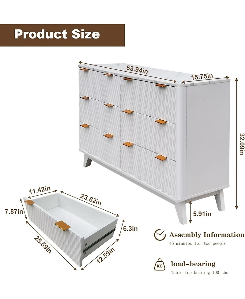 gaomon 54" Wide Drip Pattern 6 Drawers Dresser with Faux Marble Top, Bedroom Chest of Wood, Curved Profile Design