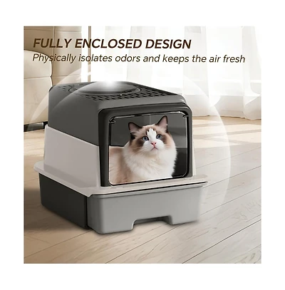 Aostirmotor 3-in-1 Modern Cat Litter Box with Hood, Tray & Mat, Grey