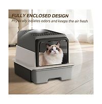 Aostirmotor 3-in-1 Modern Cat Litter Box with Hood, Tray & Mat, Grey