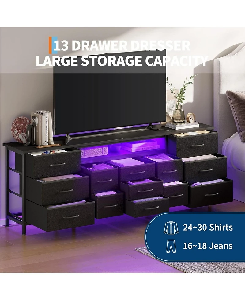 gaomon 70 Inch Long Dresser with 13 Drawers, Tv Stand for 65-80 Charging Station Led Lights, Fabric Storage Organizer Bedroom
