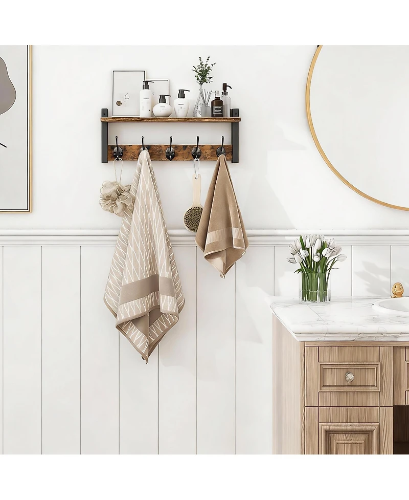 Yigii Rustic Brown & Black Iron Wall Hooks Shelf, 5 Hooks, Sturdy Storage, Easy Assembly