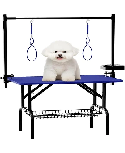 Aostirmotor 36" Large Dog Grooming Table, Foldable Adjustable Pet Station with Arms, Nooses & Mesh Drying Tray, Blue
