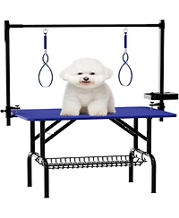 Aostirmotor 36" Large Dog Grooming Table, Foldable Adjustable Pet Station with Arms, Nooses & Mesh Drying Tray, Blue