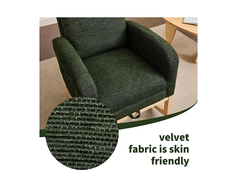 Flynama Modern Accent Upholstered Nursery Glider Rocking Chair with Solid Wood Legs Side Pocket High Backrest 300LBS Capacity for Living Room