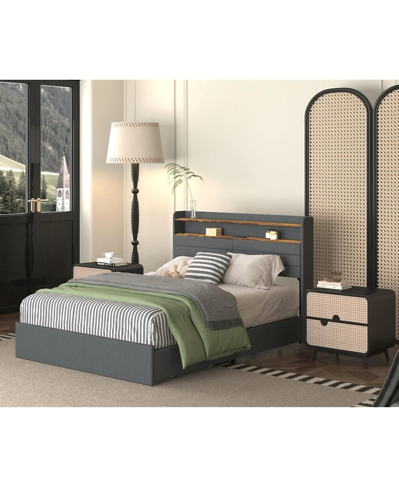 Boyel Living Queen Bed Frame with 4 Storage Drawers, Led Light, and Charging Station