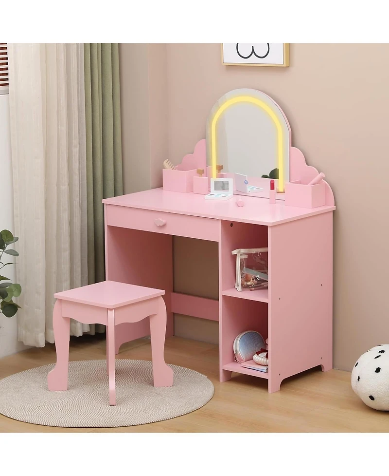 Gaomon Pink 2-in-1 Kids Lighted Vanity Set, Sweet Makeup Table with Matching Stool