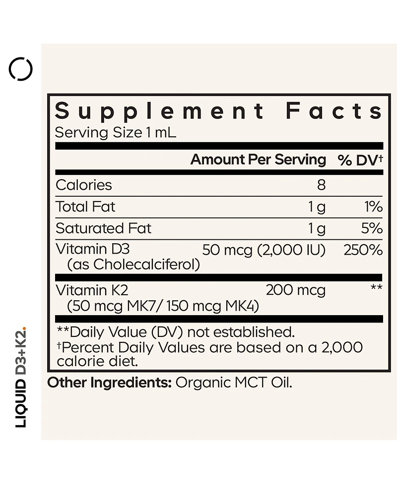 Codeage Liquid D3+K2 Vitamins Usda Vitamin D3 2000 Iu, Vitamin K2 (MK4 & MK7) Liquid, Immune Support, Unflavored, Mct Oil, 1 fl oz