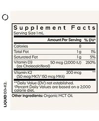 Codeage Liquid D3+K2 Vitamins Usda Vitamin D3 2000 Iu, Vitamin K2 (MK4 & MK7) Liquid, Immune Support, Unflavored, Mct Oil, 1 fl oz