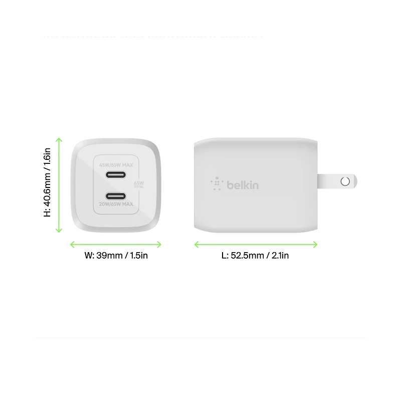 Belkin BoostCharge Pro Dual Usb-c GaN Wall Charger with Pps 65W and Usb-c to Usb-c Cable