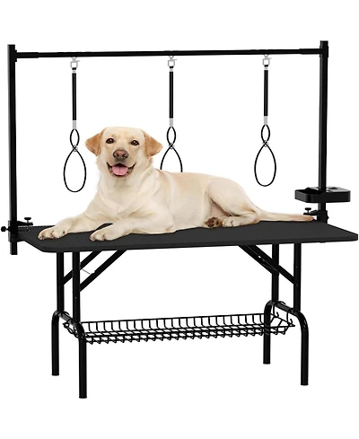 Aostirmotor 47" Large Dog Grooming Table, Foldable Adjustable Pet Station with Arms, Nooses & Mesh Drying Tray, Black