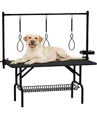 Aostirmotor 47" Large Dog Grooming Table, Foldable Adjustable Pet Station with Arms, Nooses & Mesh Drying Tray, Black