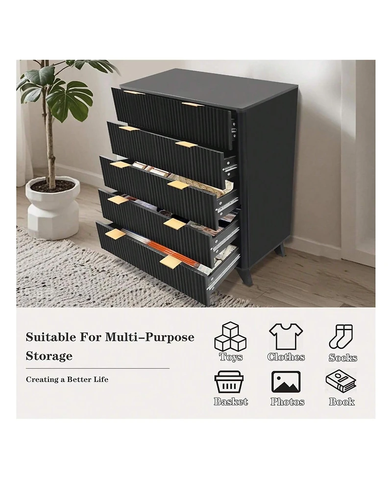 gaomon Tall 5-Drawer Wood Dresser, Waveform Fluted Panel Modern Chest of Drawers for Bedroom Clothes Storage