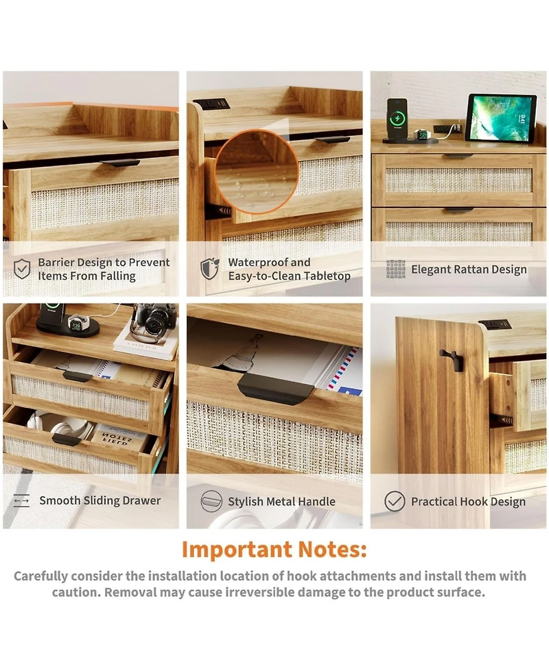 gaomon Set of 2 Walnut Brown Rattan Nightstands, 2-Drawer Bedside Table with Type-c Charging Station