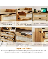 gaomon Set of 2 Walnut Brown Rattan Nightstands, 2-Drawer Bedside Table with Type-c Charging Station