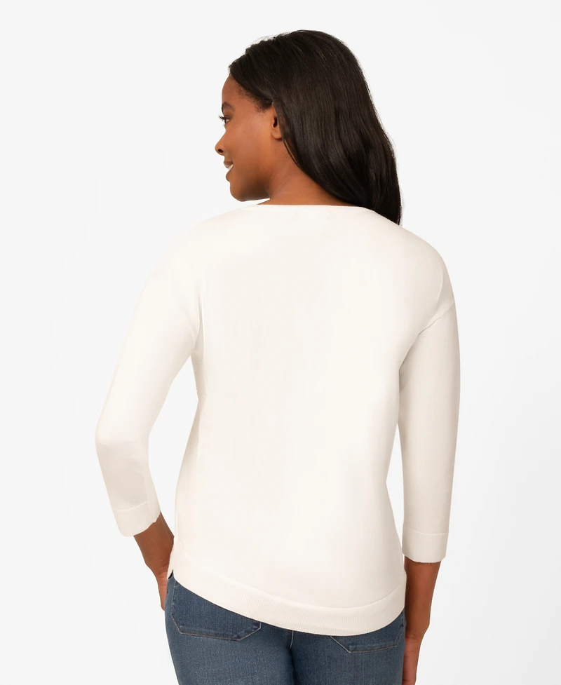 Melissa Paige Petite Heart Textured Hi-Low Boat Neck Sweater