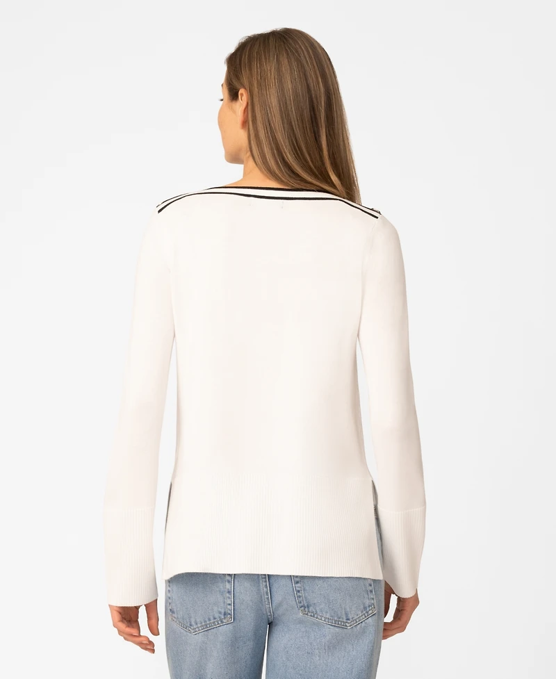 Melissa Paige Petite Button Shoulder Boat Neck Sweater