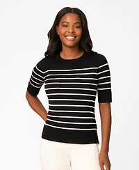 Melissa Paige Petite Striped Crew-Neck Elbow-Sleeve Sweater