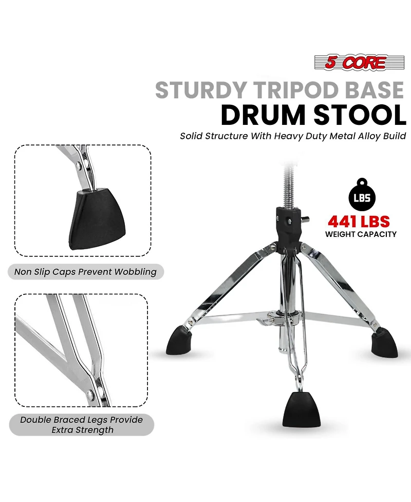 5 Core Drum Throne w Backrest 4" Padded Adjustable 26.5" Drummer Stool Velvet Top 441Lb Capacity