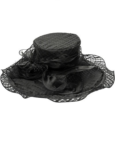 August Hats Textured Organza Rosette Wide Brim Hat