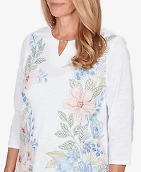 Alfred Dunner Petite Floral Embroidered Split Neck Top