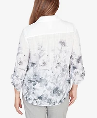 Alfred Dunner Petite Watercolor Print Button Front Collared Top